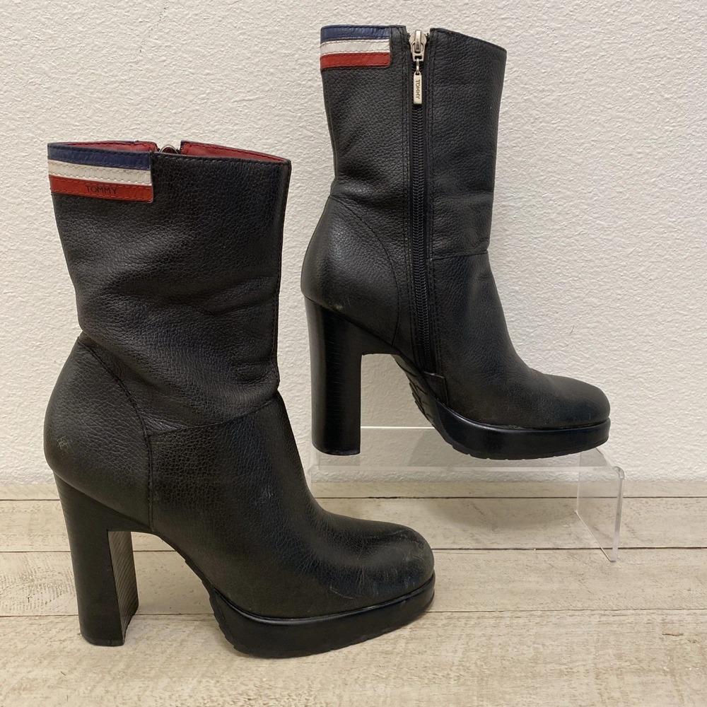VTG Tommy Hilfiger Logo Boots 6M Black Leather Platform Block Heel Grunge Y2K